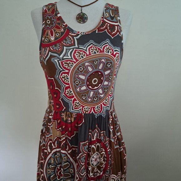 Geometric Print Dress Size MED Sleeveless Tank Midi  Stretchy Shift Longyuan NWT - Picture 2 of 13